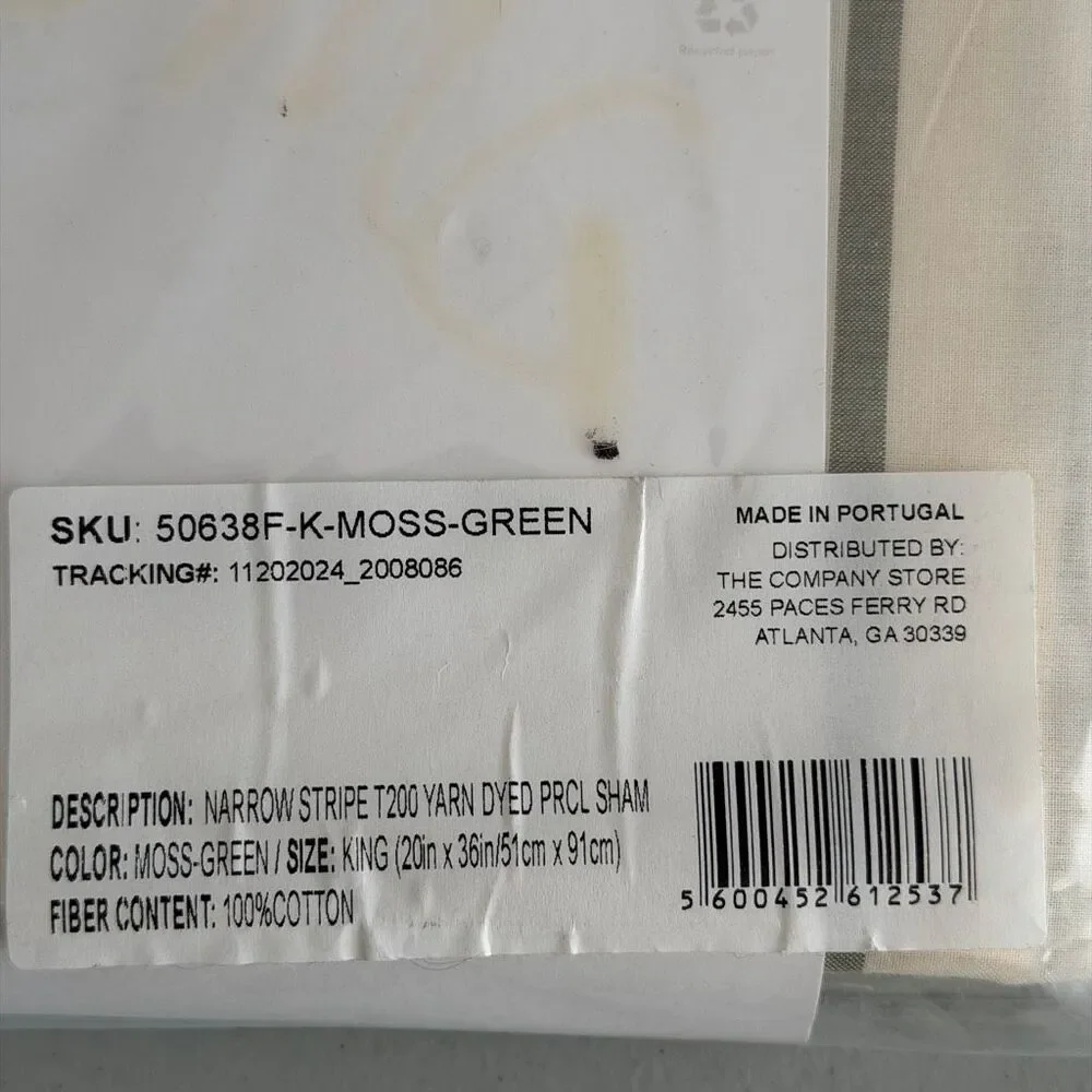 The Company Store NWT Moss Green Tailored Stripes Cotton Percale Sham- King